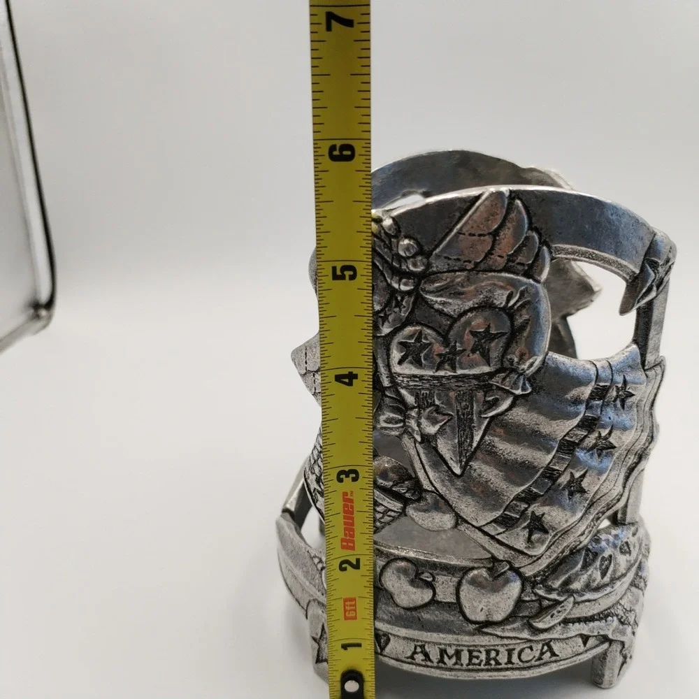 Vintage Pewter Americana Candle Jar Holder Sleeve Patriotic Angel Flag Large 5.5